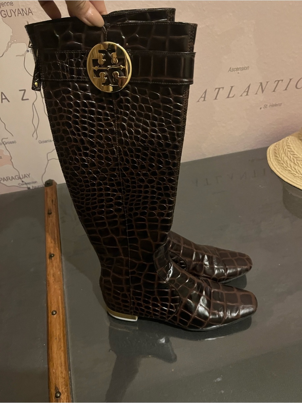 Tory Burch Dark Brown Croc-Embossed Knee Boots with Gold Logo